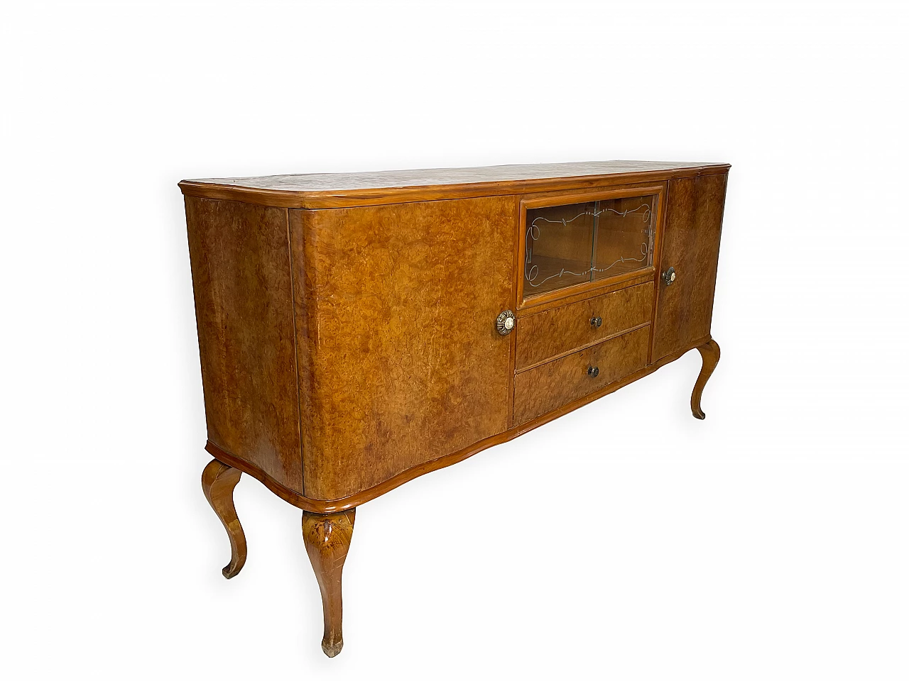 Credenza in noce con due cassetti e ante laterali a battente, anni '50 12