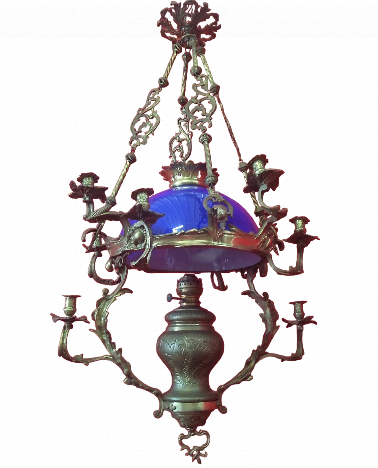 Bronze chandelier with cobalt blue glass shade, 19th century 11