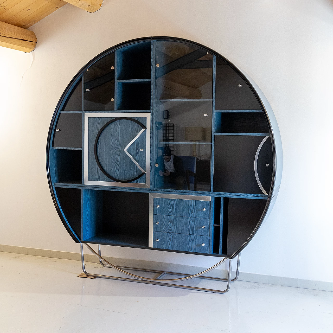 Geometric wood, metal and glass bookcase, 1970s 3