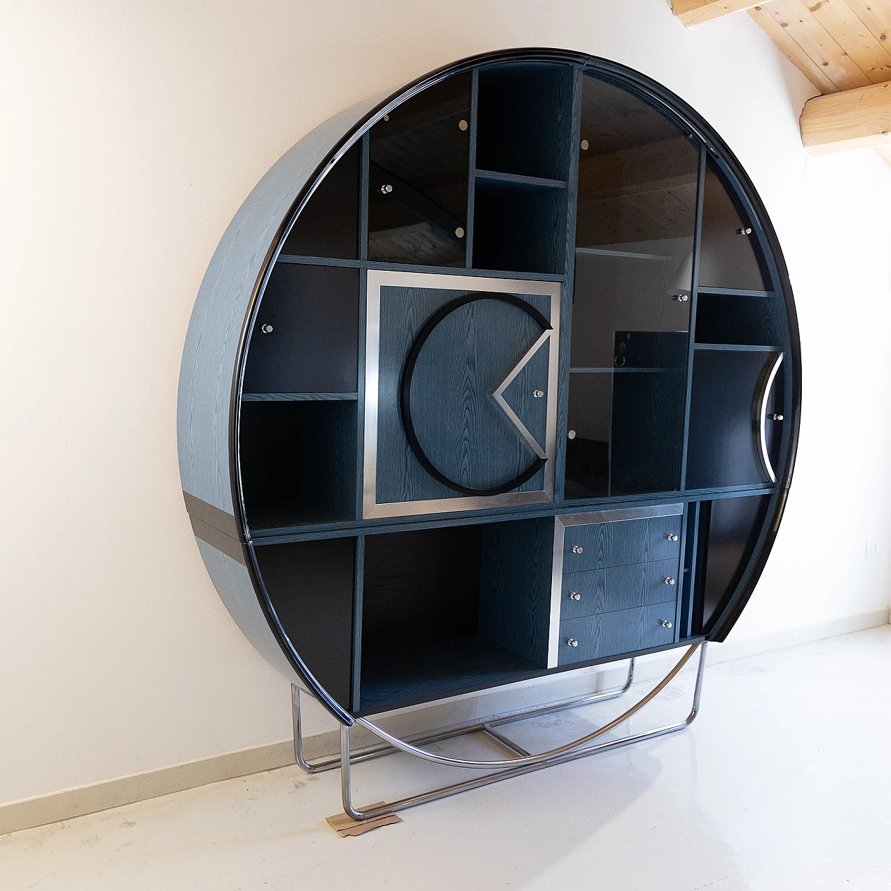 Geometric wood, metal and glass bookcase, 1970s 13