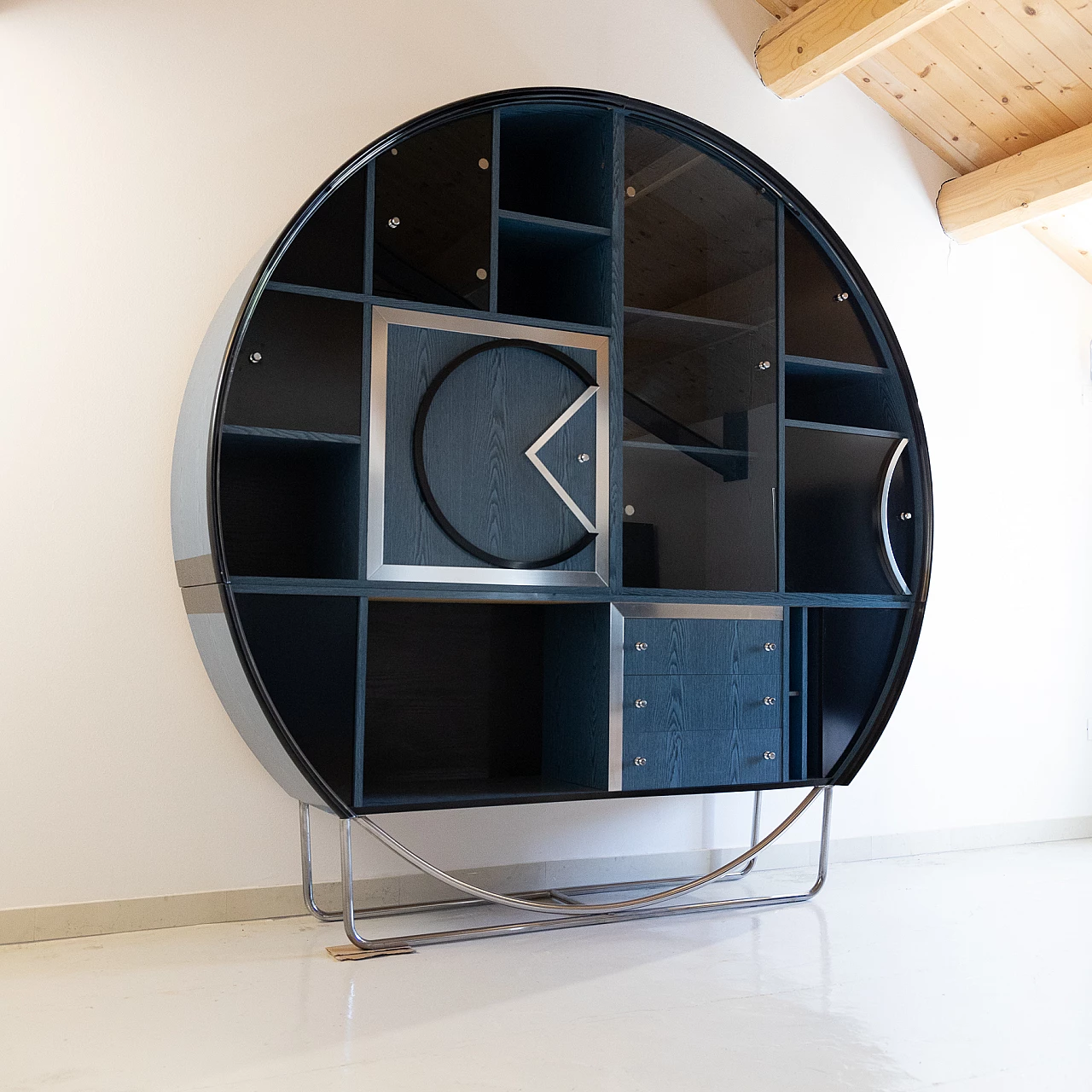 Geometric wood, metal and glass bookcase, 1970s 14