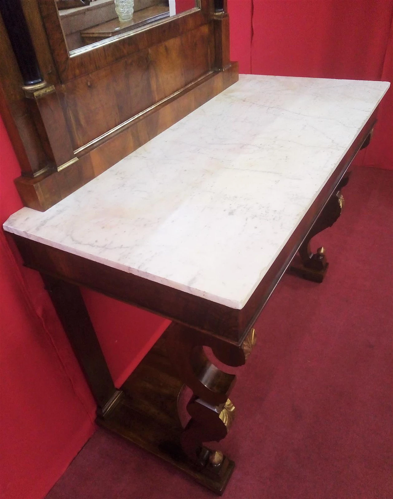 Empire walnut and marble console with mirror, early 19th century 8