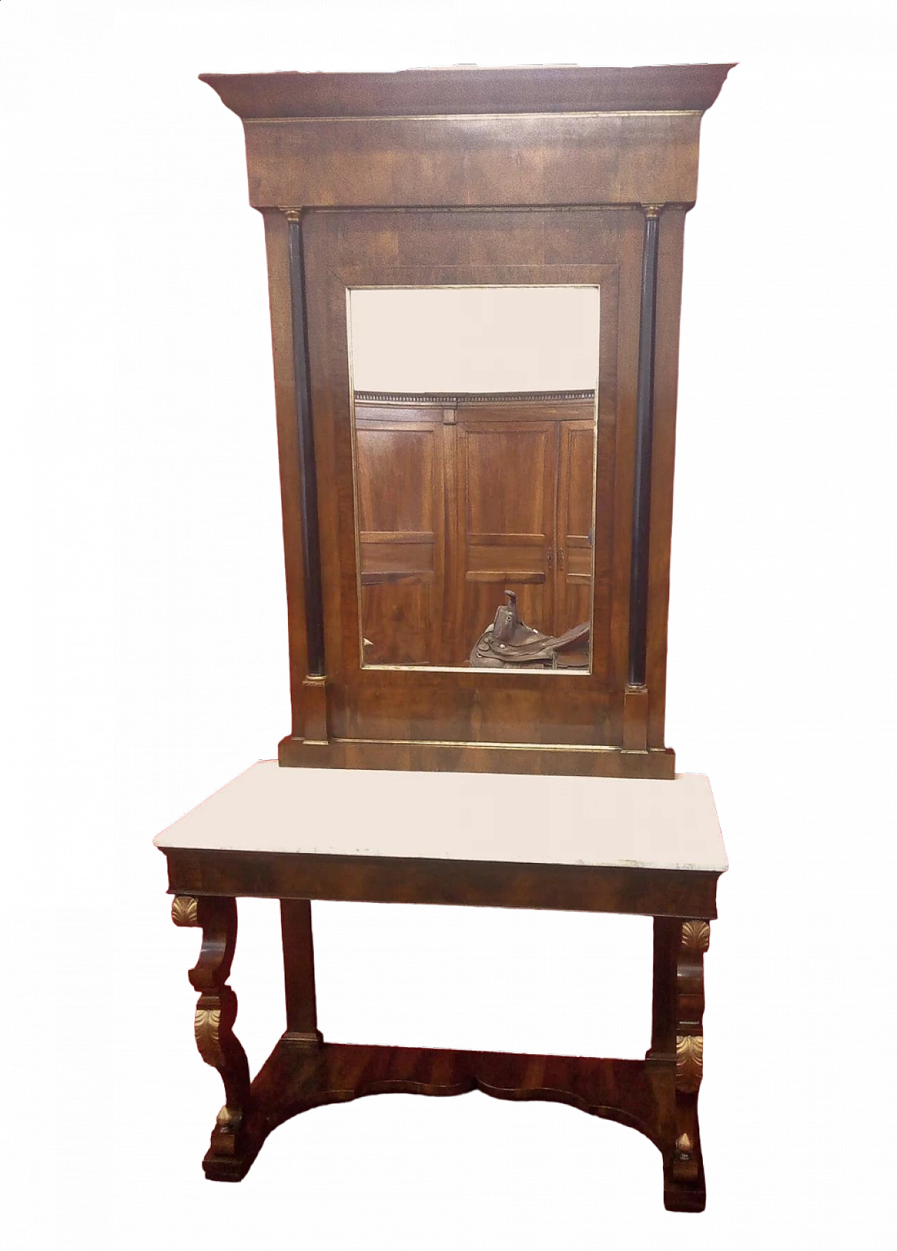 Empire walnut and marble console with mirror, early 19th century 11