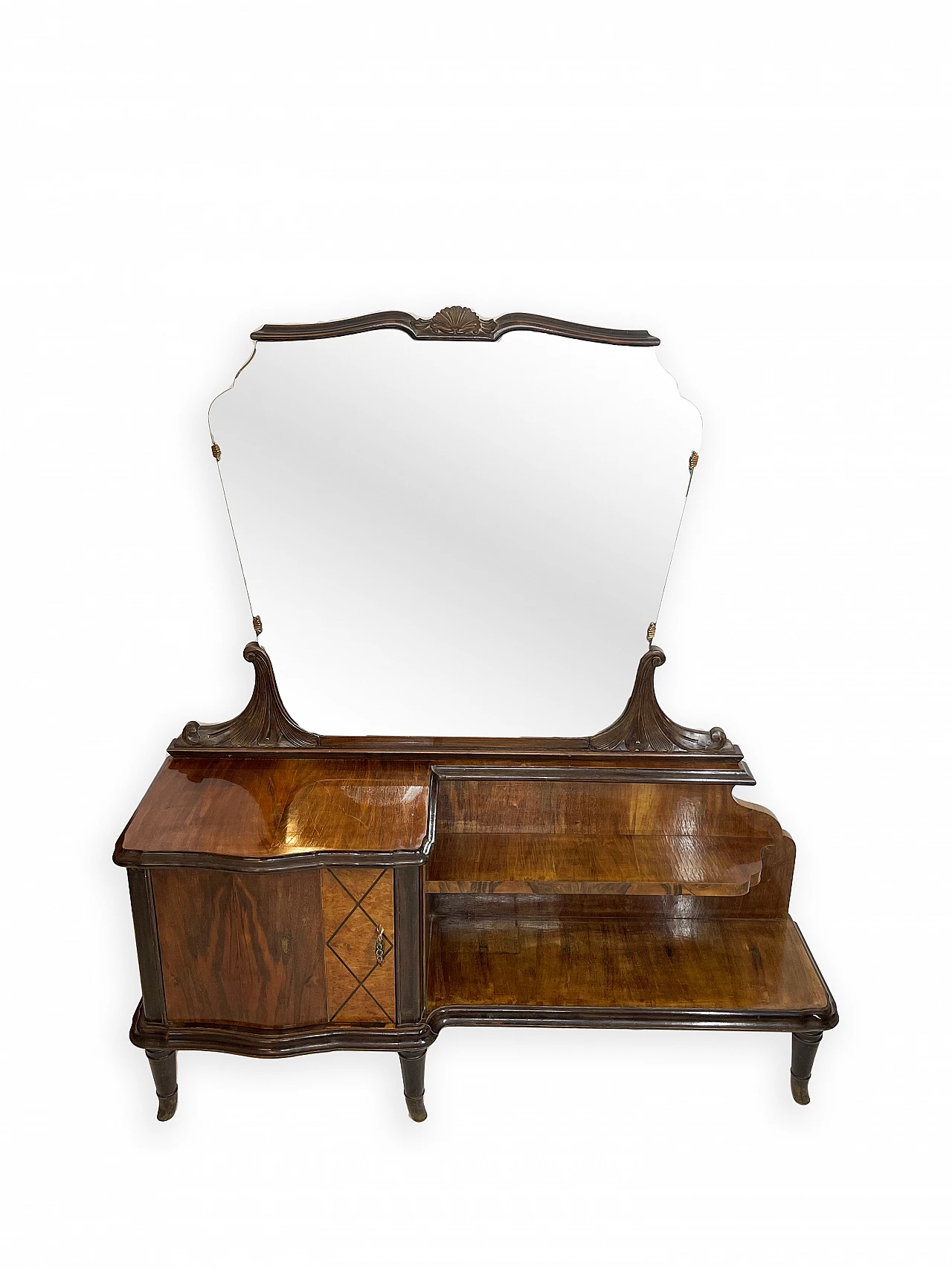 Walnut vanity table with five turned feet, 1950s 2