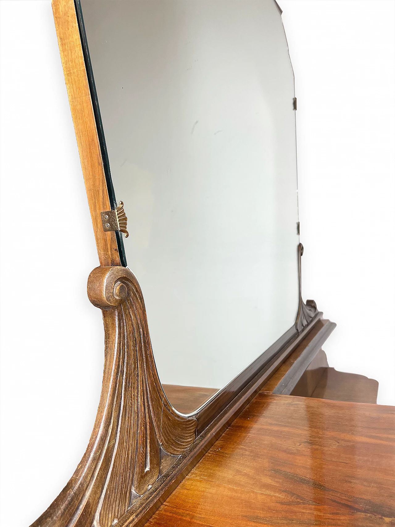 Walnut vanity table with five turned feet, 1950s 10