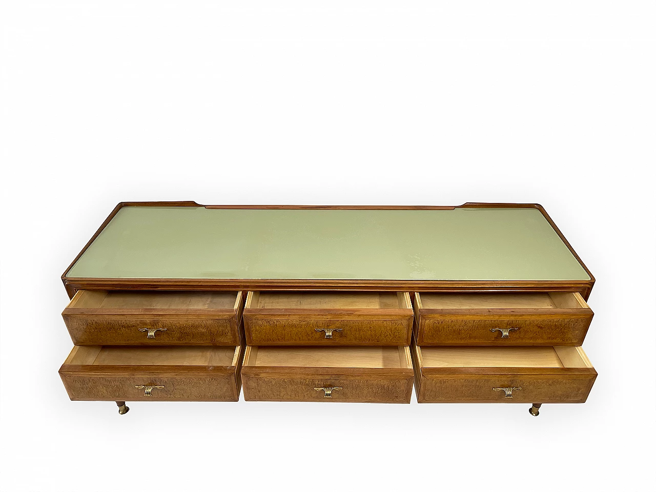 Mahogany and brass chest of drawers with glass top, 1950s 11