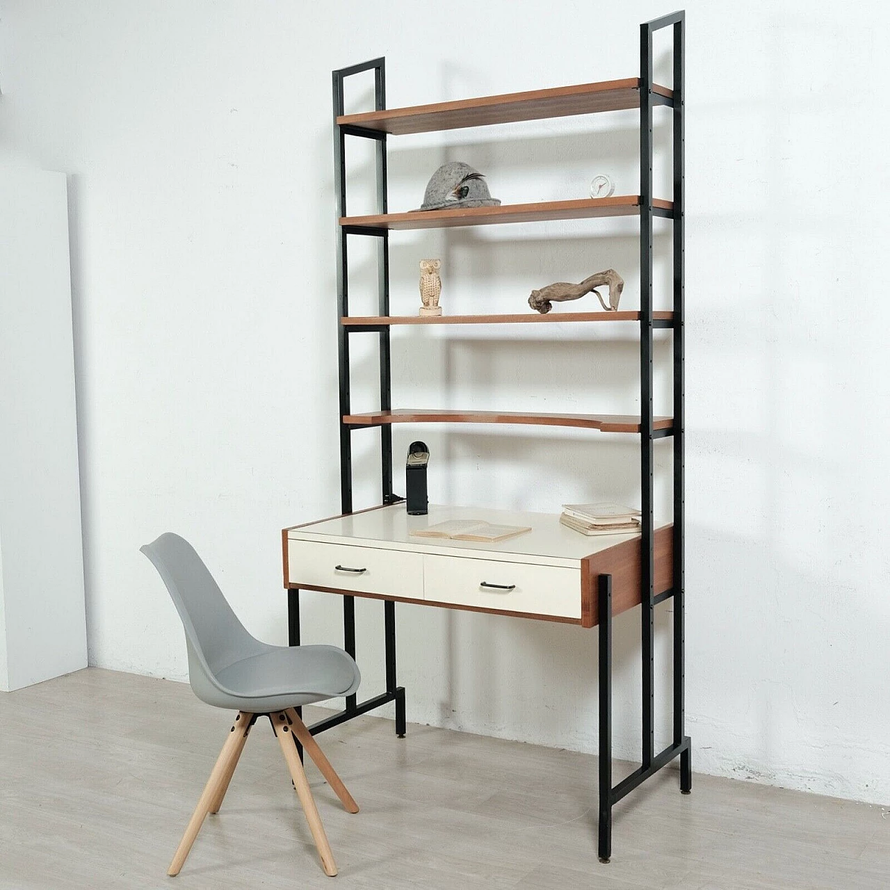 Enameled iron, wood and formica bookcase with desk, 1960s 1