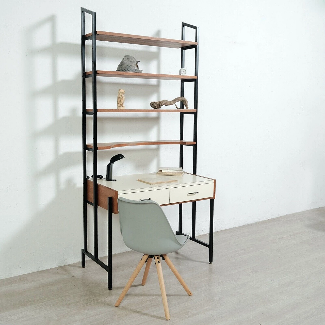 Enameled iron, wood and formica bookcase with desk, 1960s 2