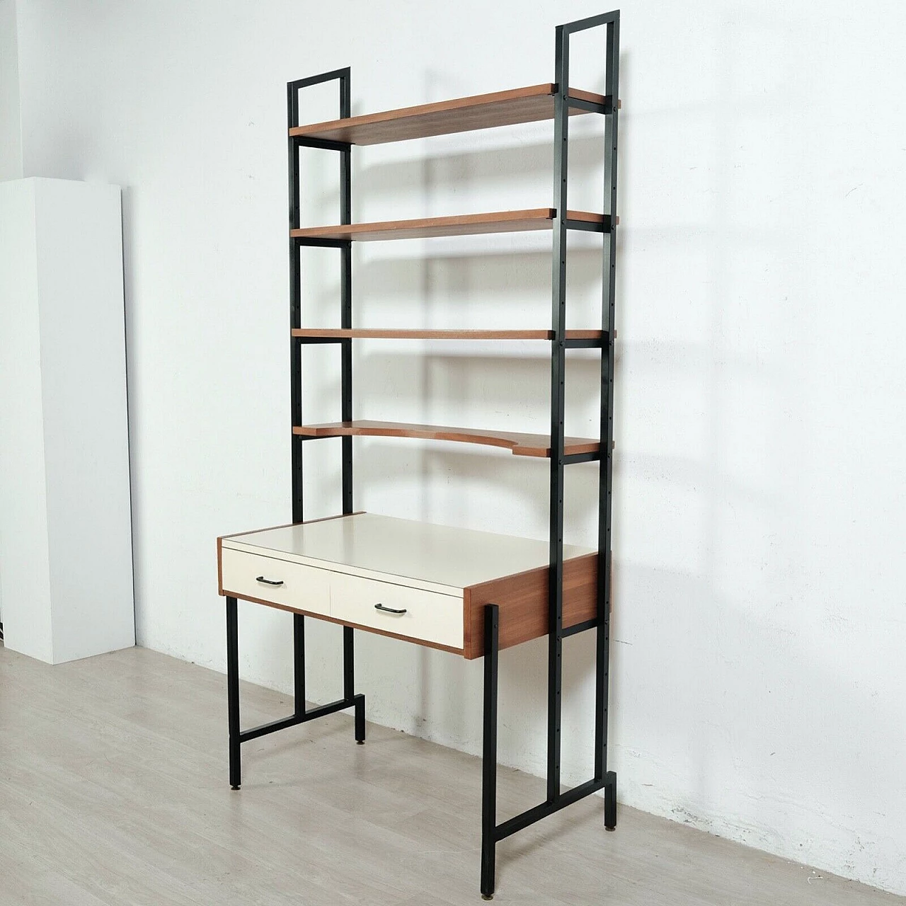 Enameled iron, wood and formica bookcase with desk, 1960s 4