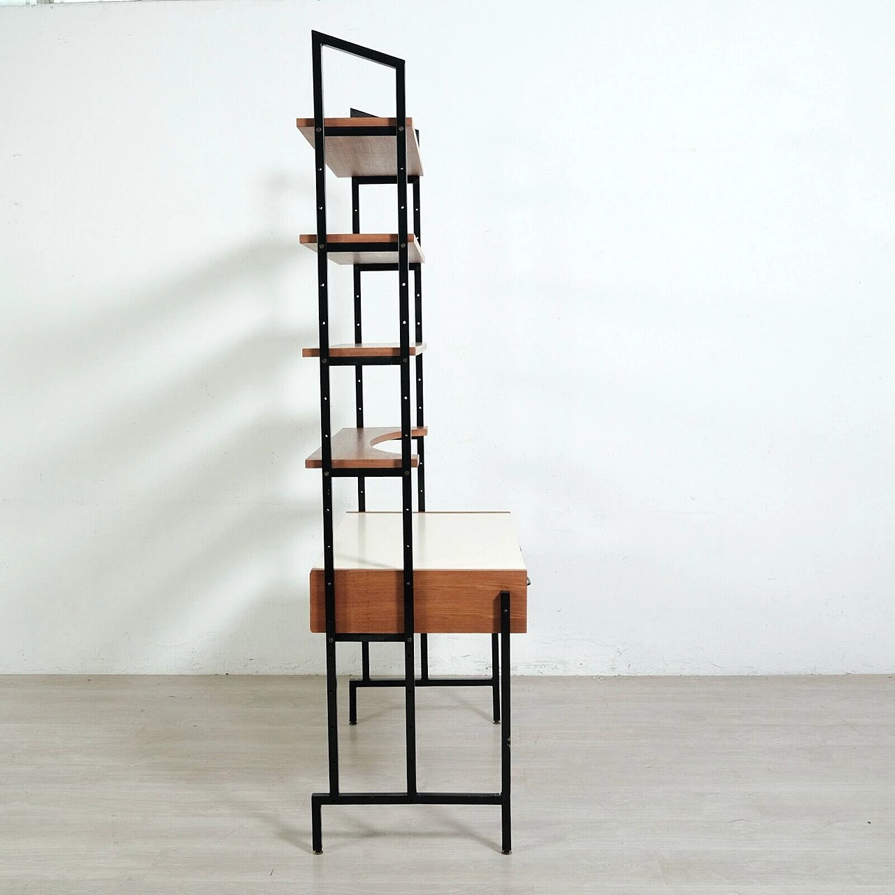 Enameled iron, wood and formica bookcase with desk, 1960s 5