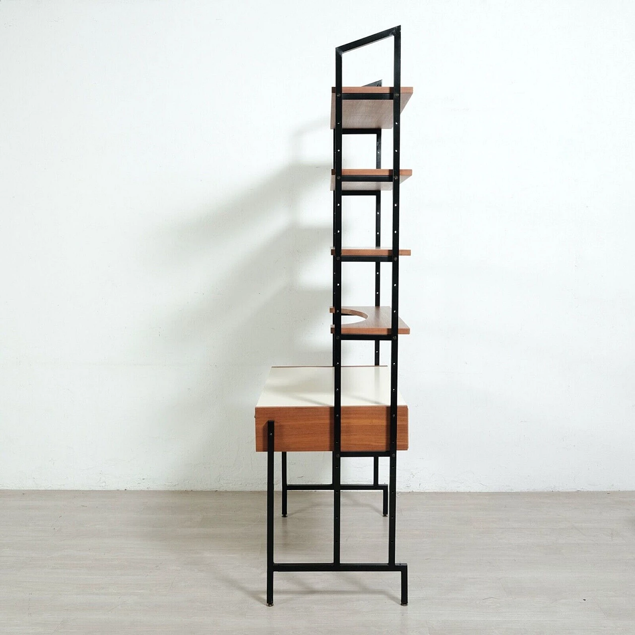 Enameled iron, wood and formica bookcase with desk, 1960s 7