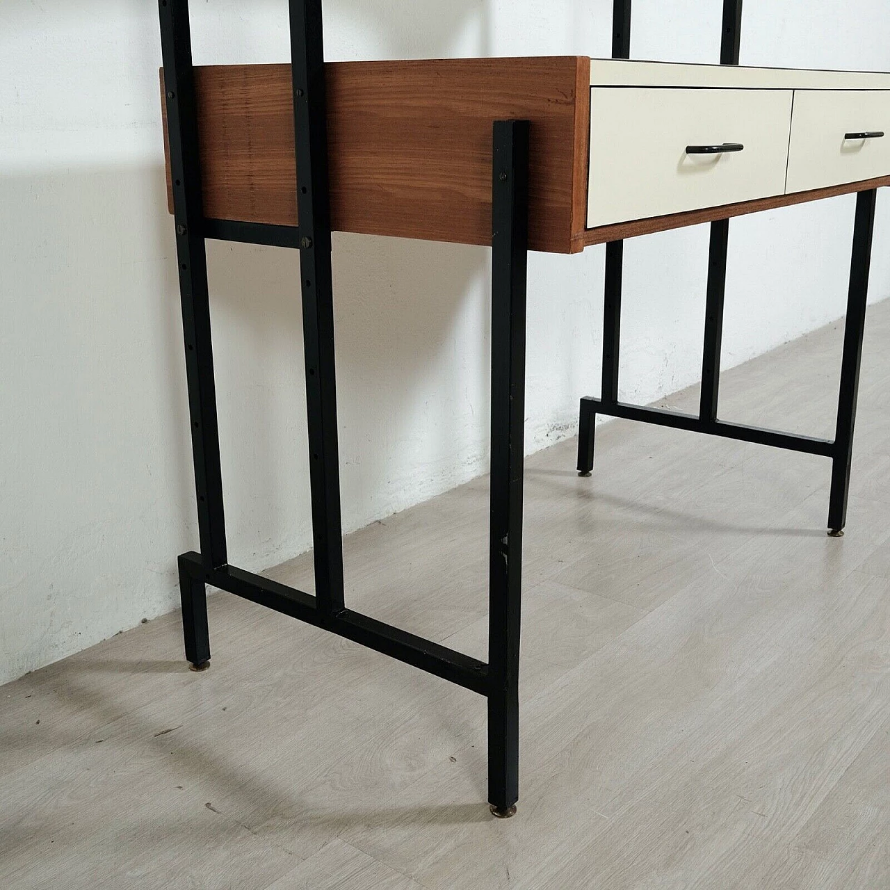 Enameled iron, wood and formica bookcase with desk, 1960s 9