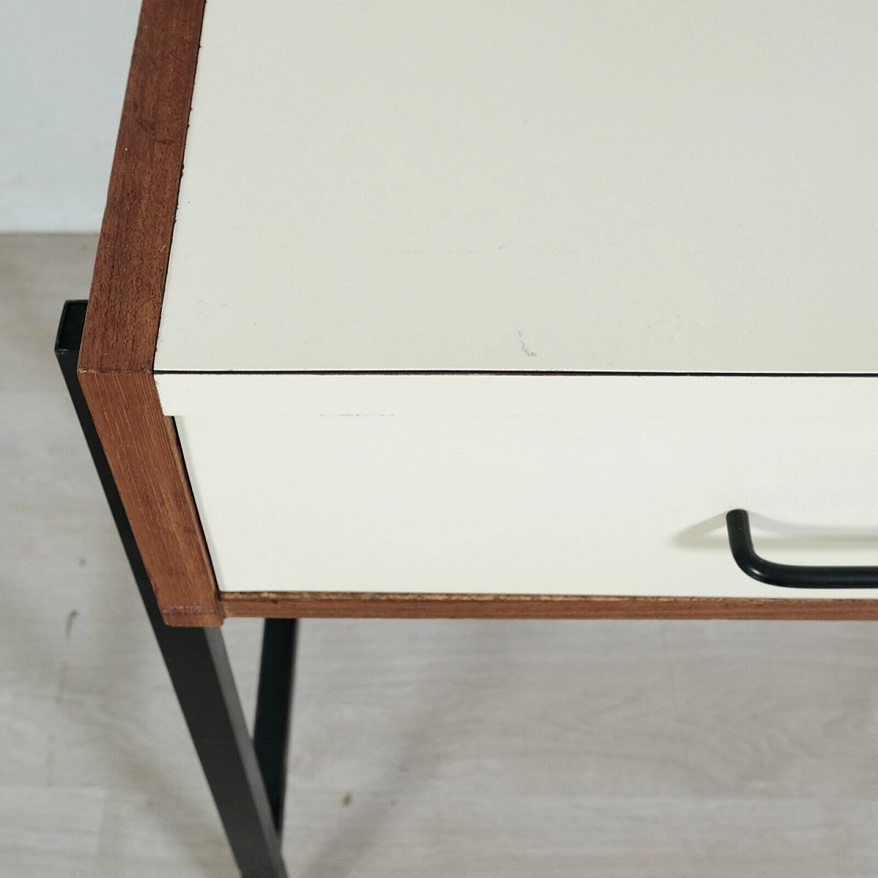 Enameled iron, wood and formica bookcase with desk, 1960s 11