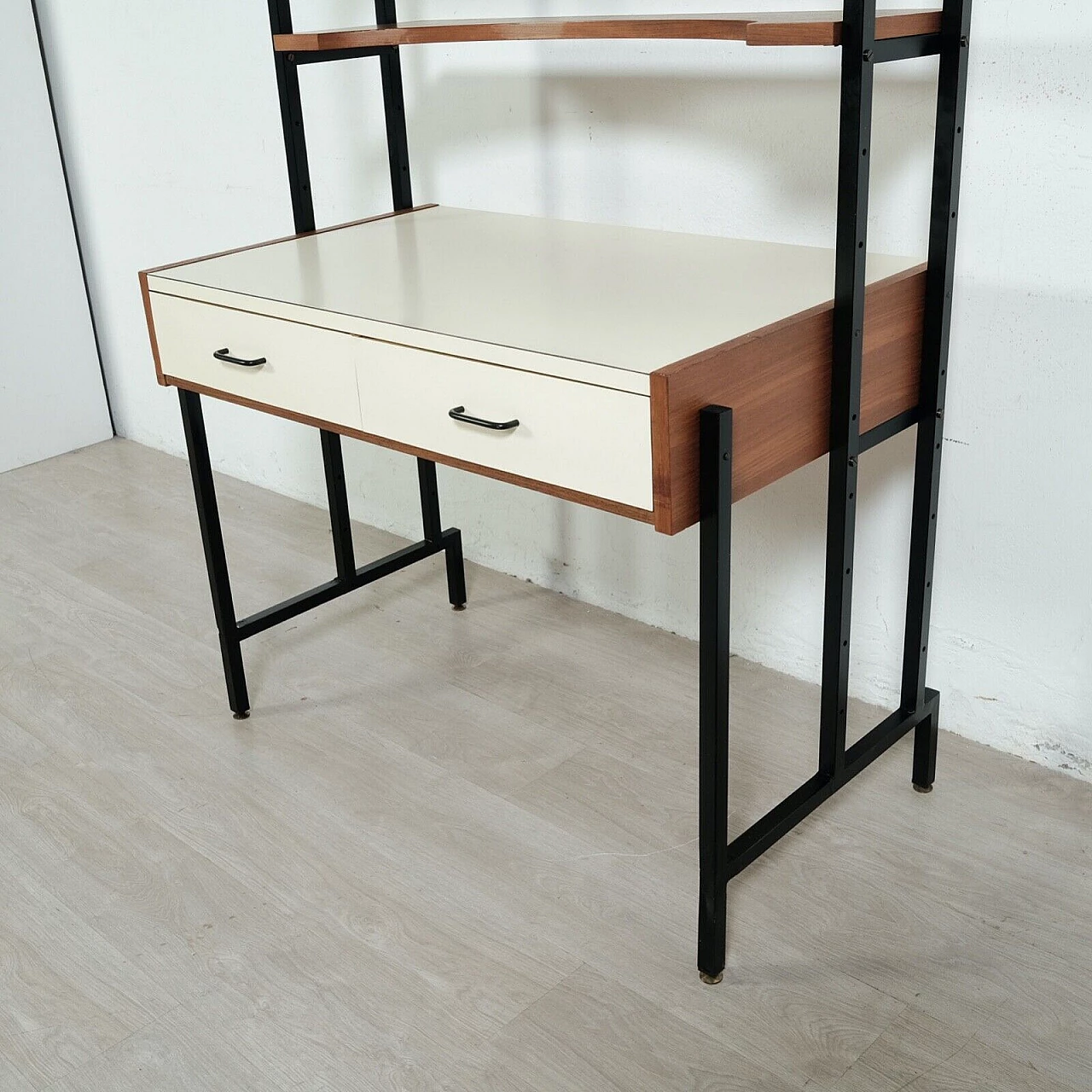 Enameled iron, wood and formica bookcase with desk, 1960s 12