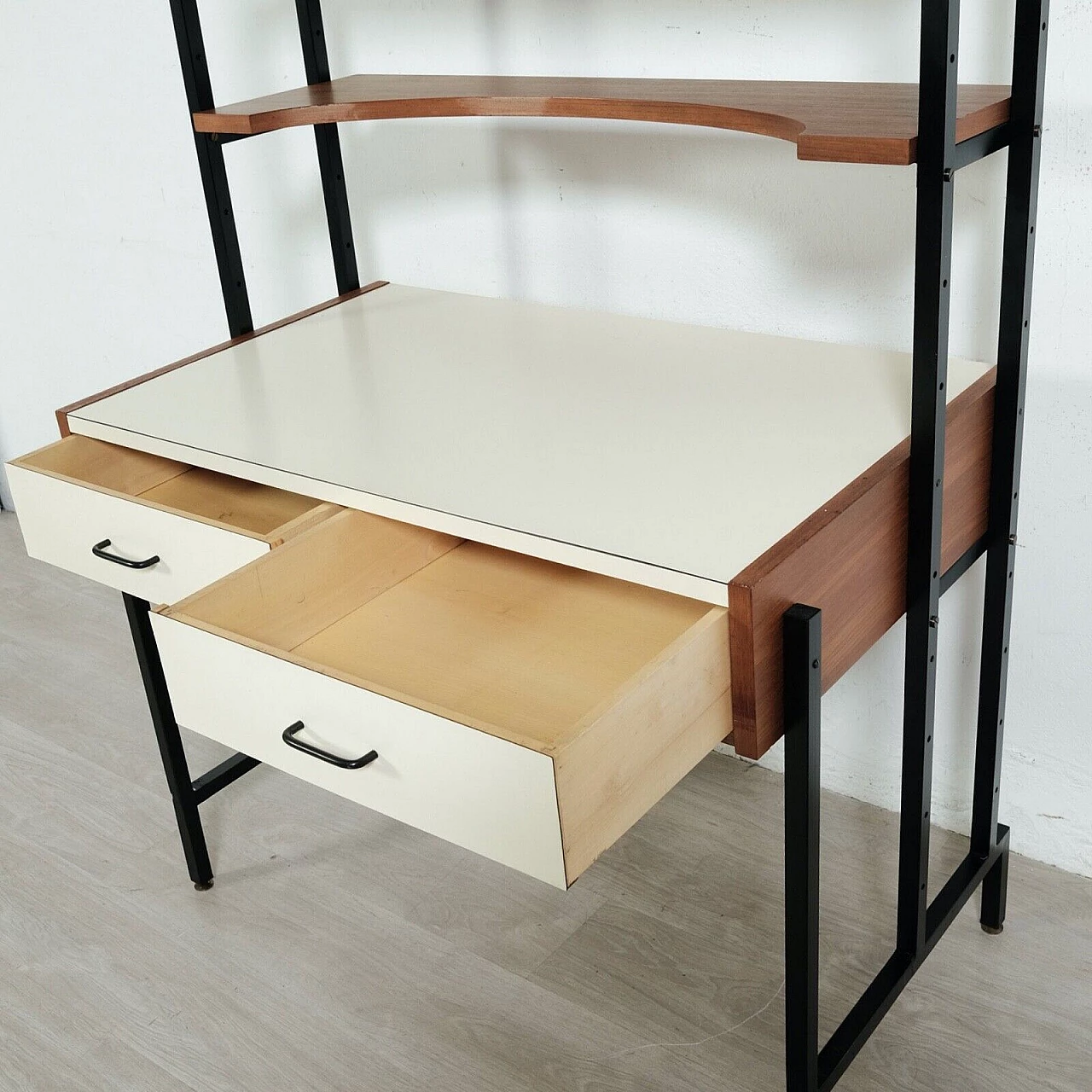 Enameled iron, wood and formica bookcase with desk, 1960s 13