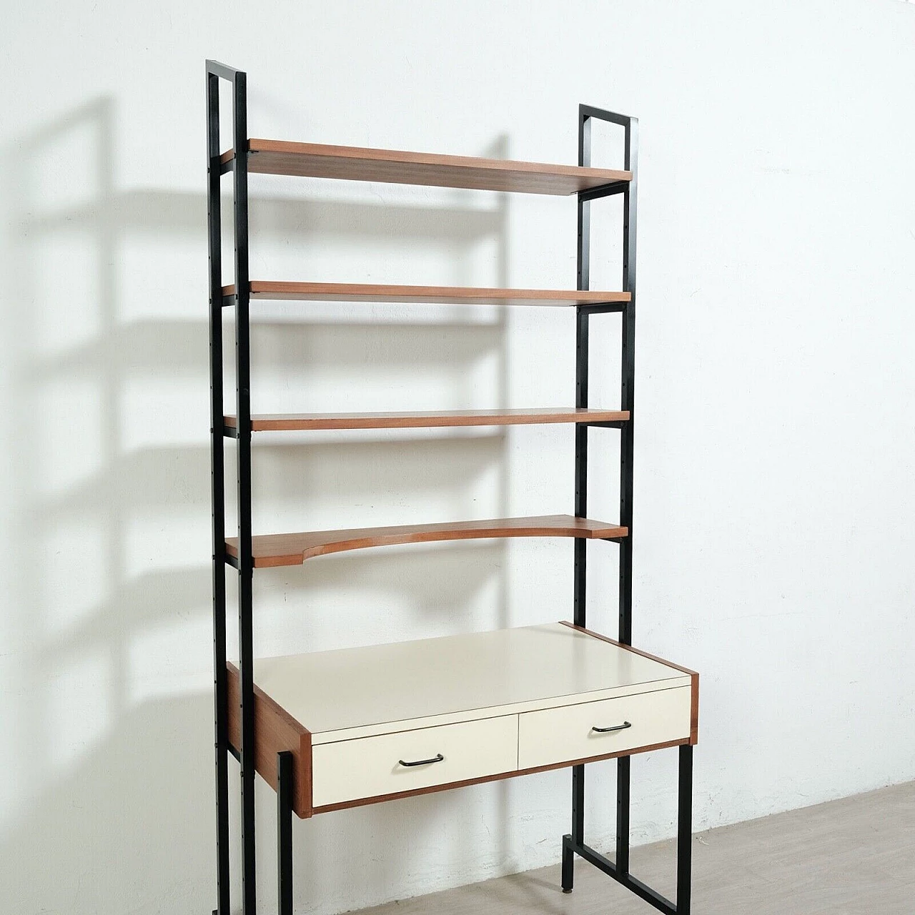 Enameled iron, wood and formica bookcase with desk, 1960s 17