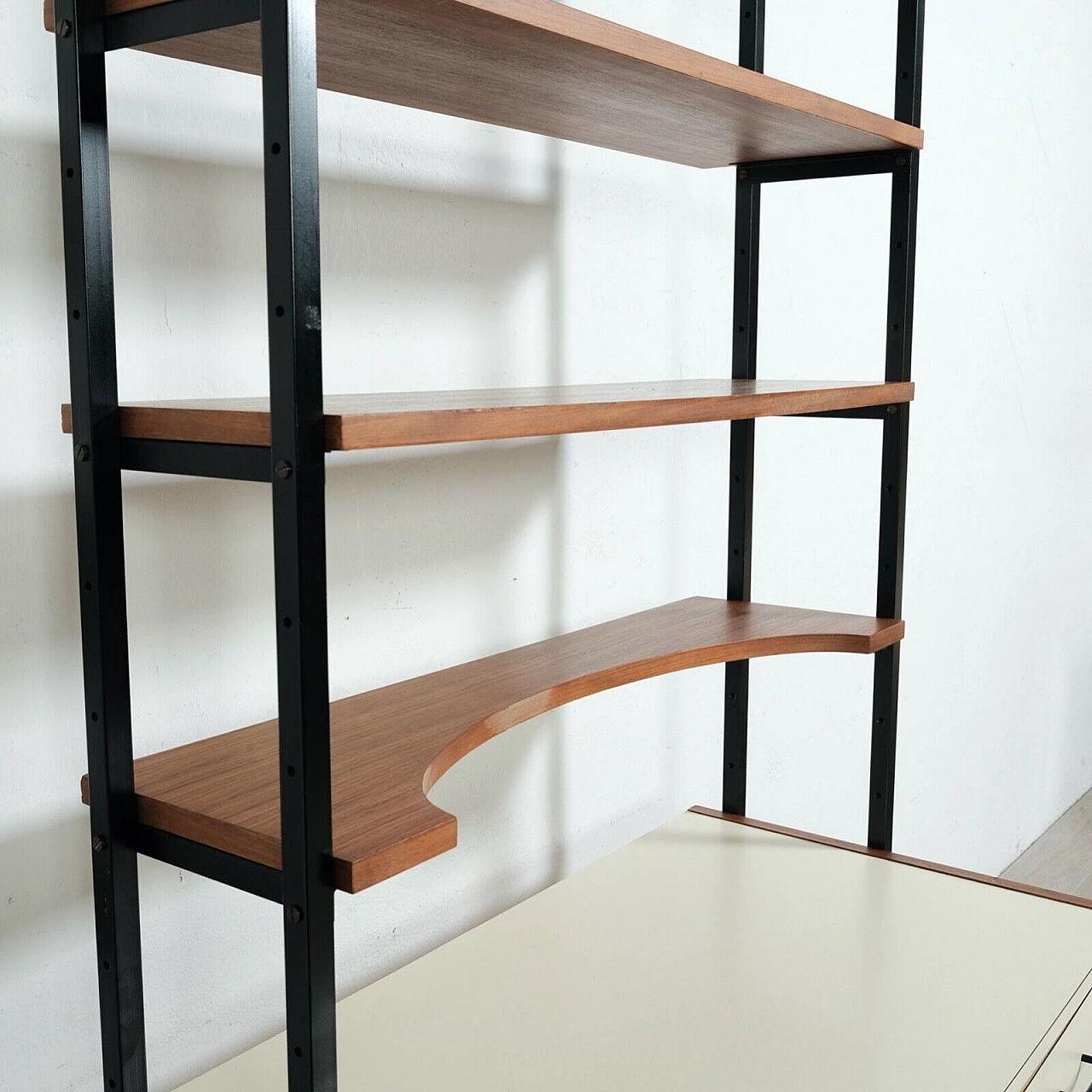 Enameled iron, wood and formica bookcase with desk, 1960s 18