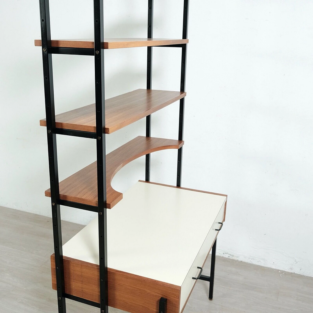 Enameled iron, wood and formica bookcase with desk, 1960s 19