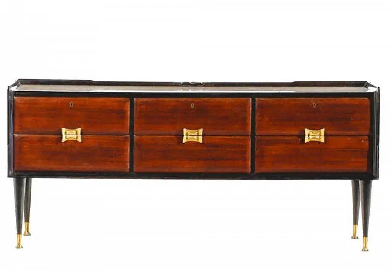 Rosewood and brass chest of drawers with glass top, 1950s 1