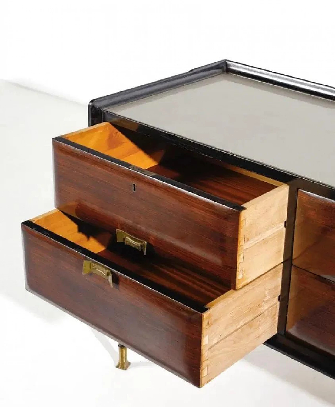 Rosewood and brass chest of drawers with glass top, 1950s 2