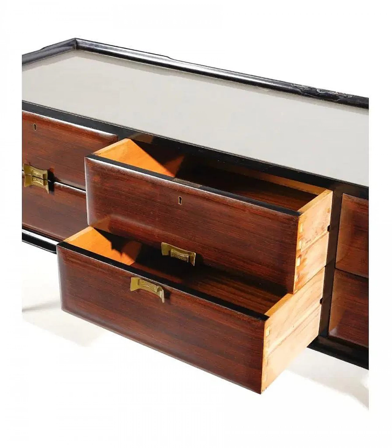 Rosewood and brass chest of drawers with glass top, 1950s 3