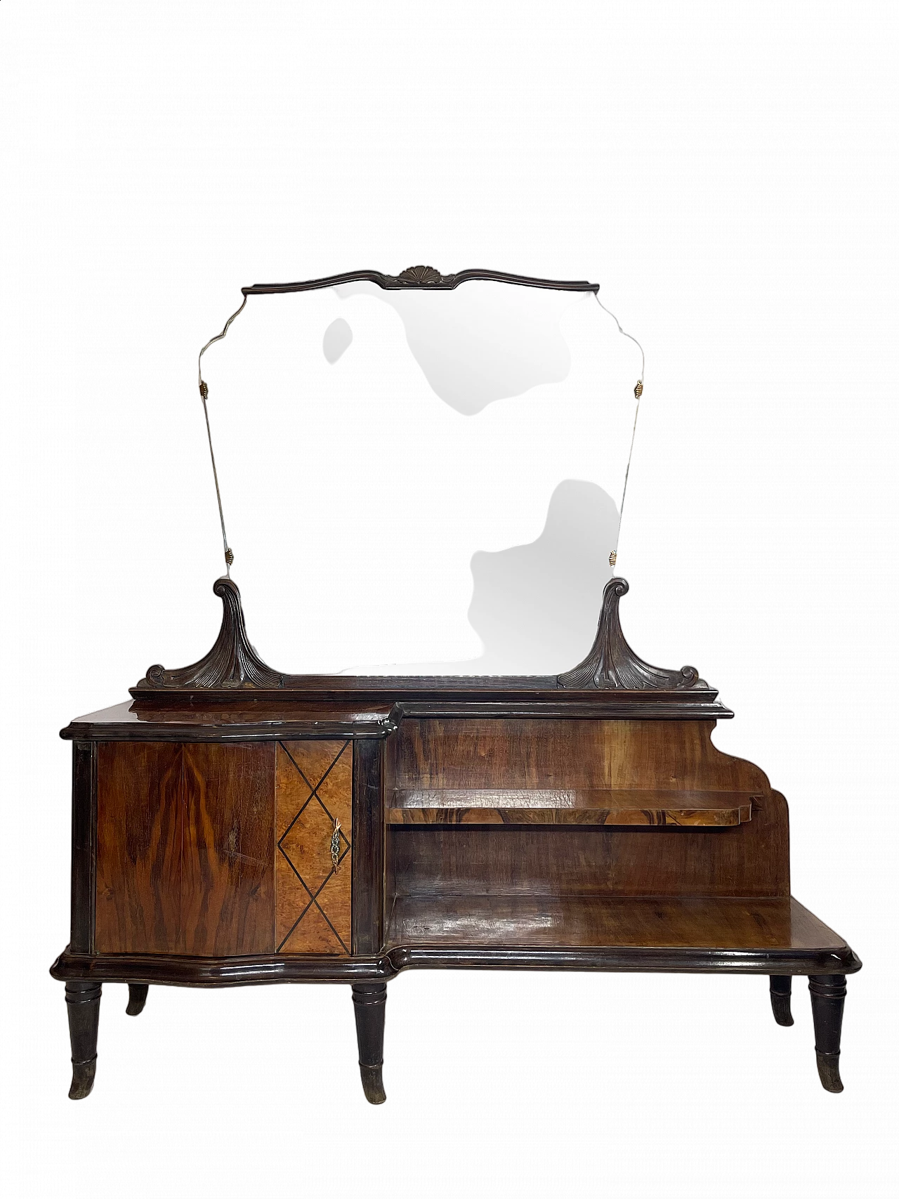 Walnut vanity table with five turned feet, 1950s 18