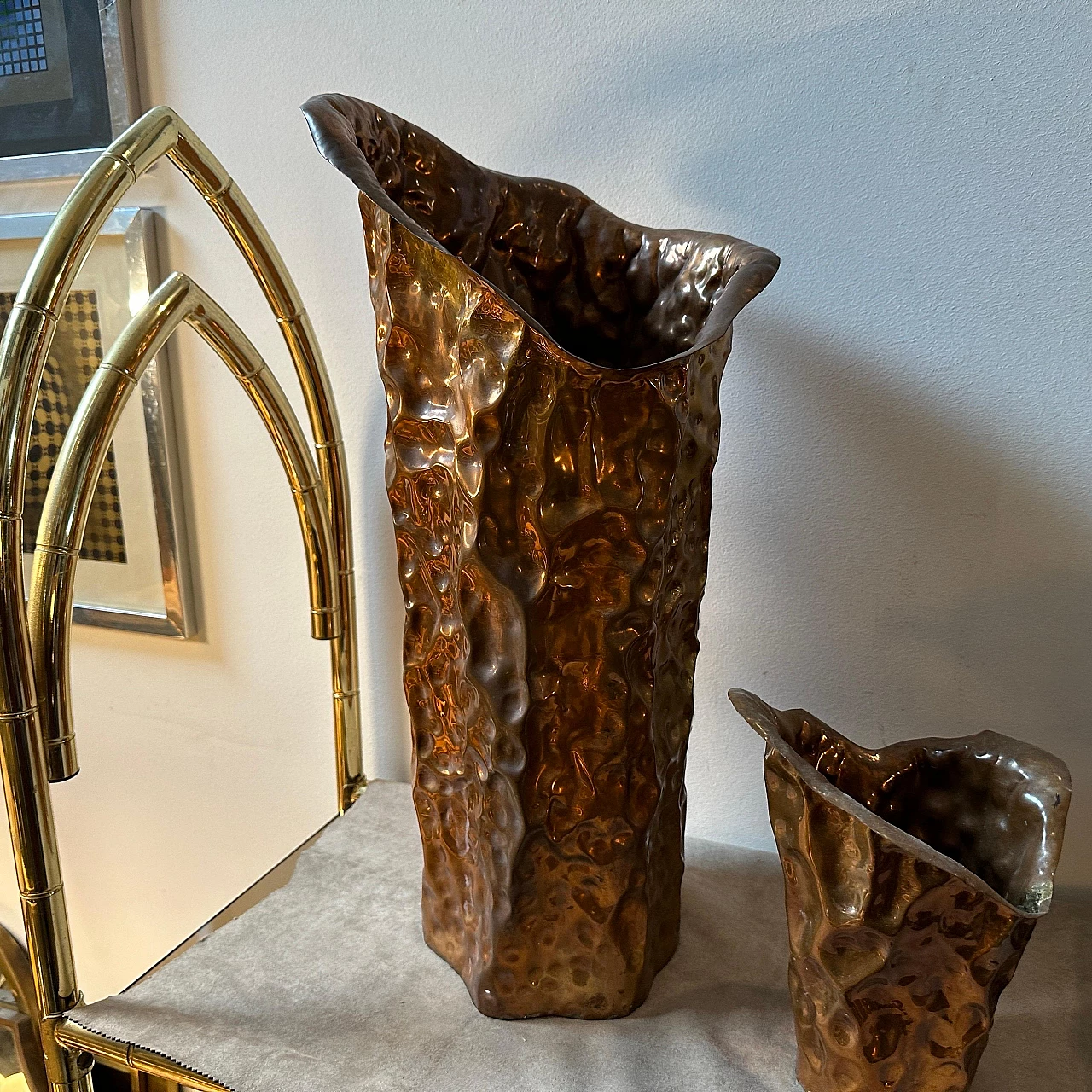 Pair of Brutalist copper vases by Angelo Bragalini, 1960s 5