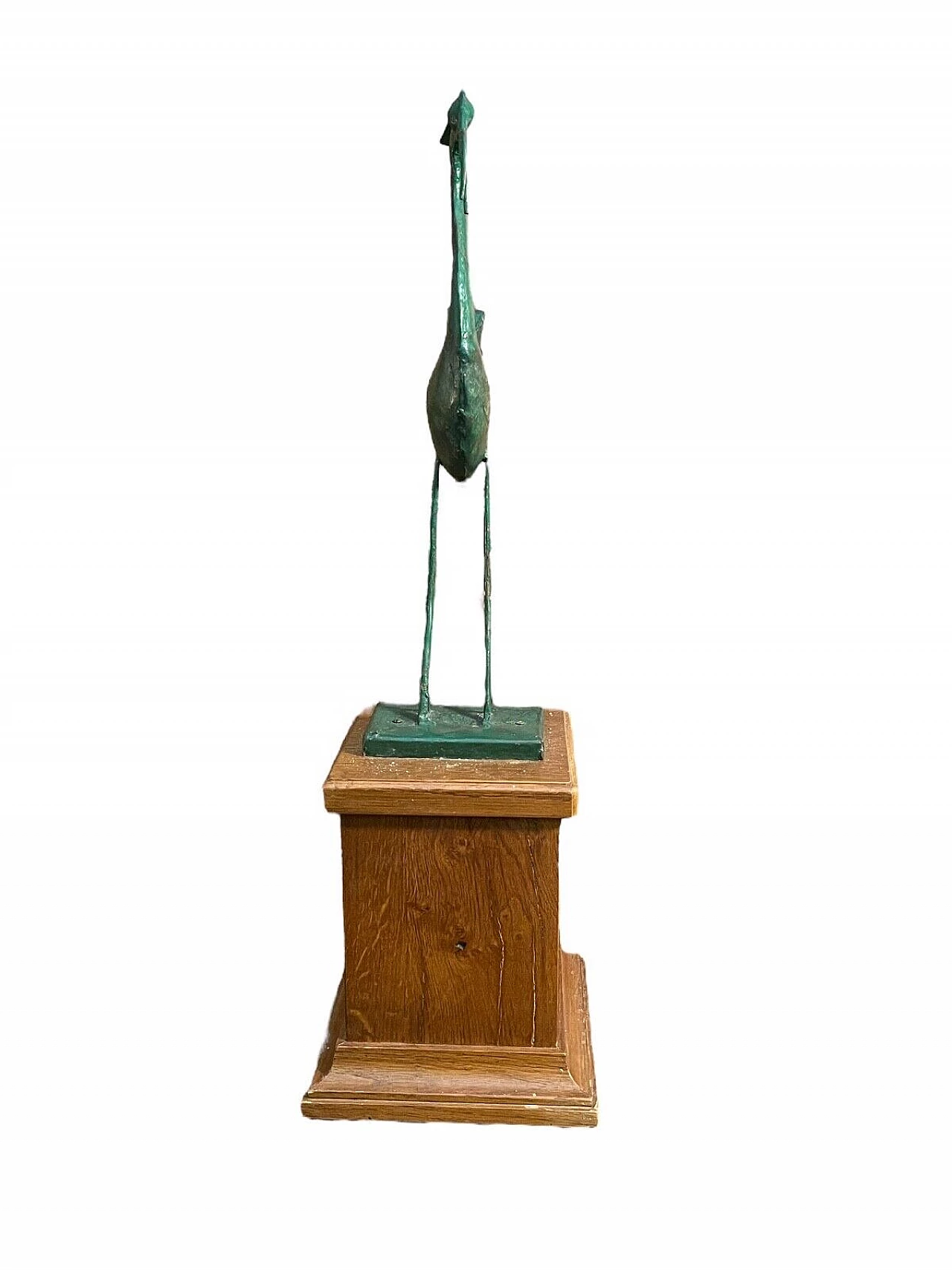 Airone, scultura in metallo laccato verde su base in legno 1