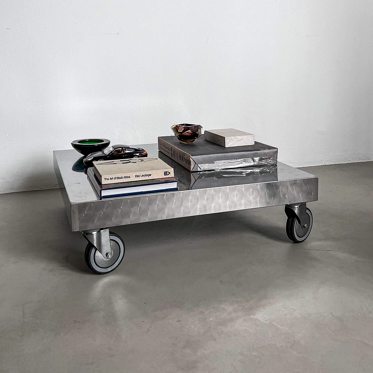 Square stainless steel coffee table with wheels, 1990s 2