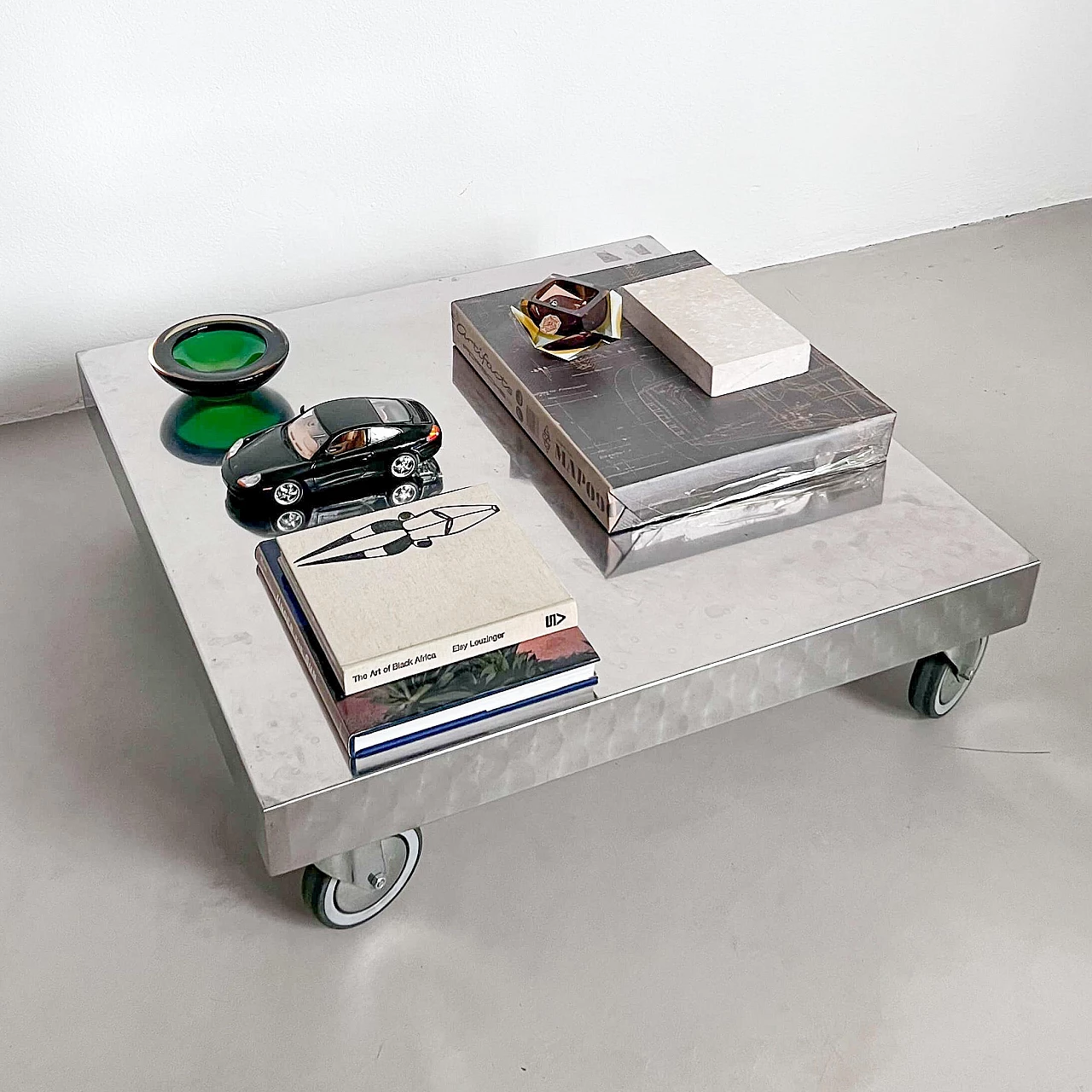 Square stainless steel coffee table with wheels, 1990s 3