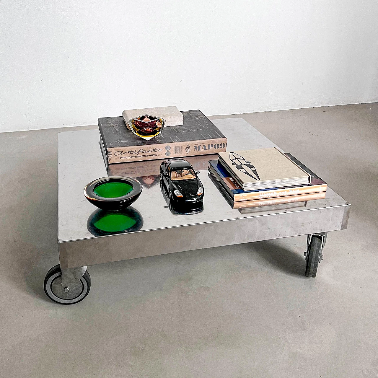 Square stainless steel coffee table with wheels, 1990s 4