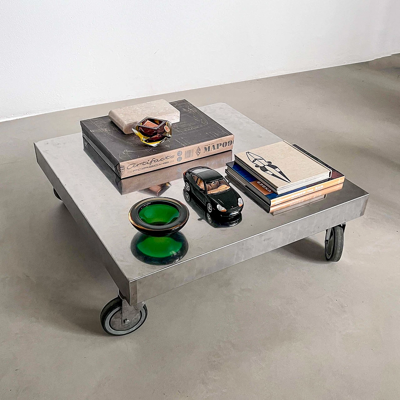 Square stainless steel coffee table with wheels, 1990s 5