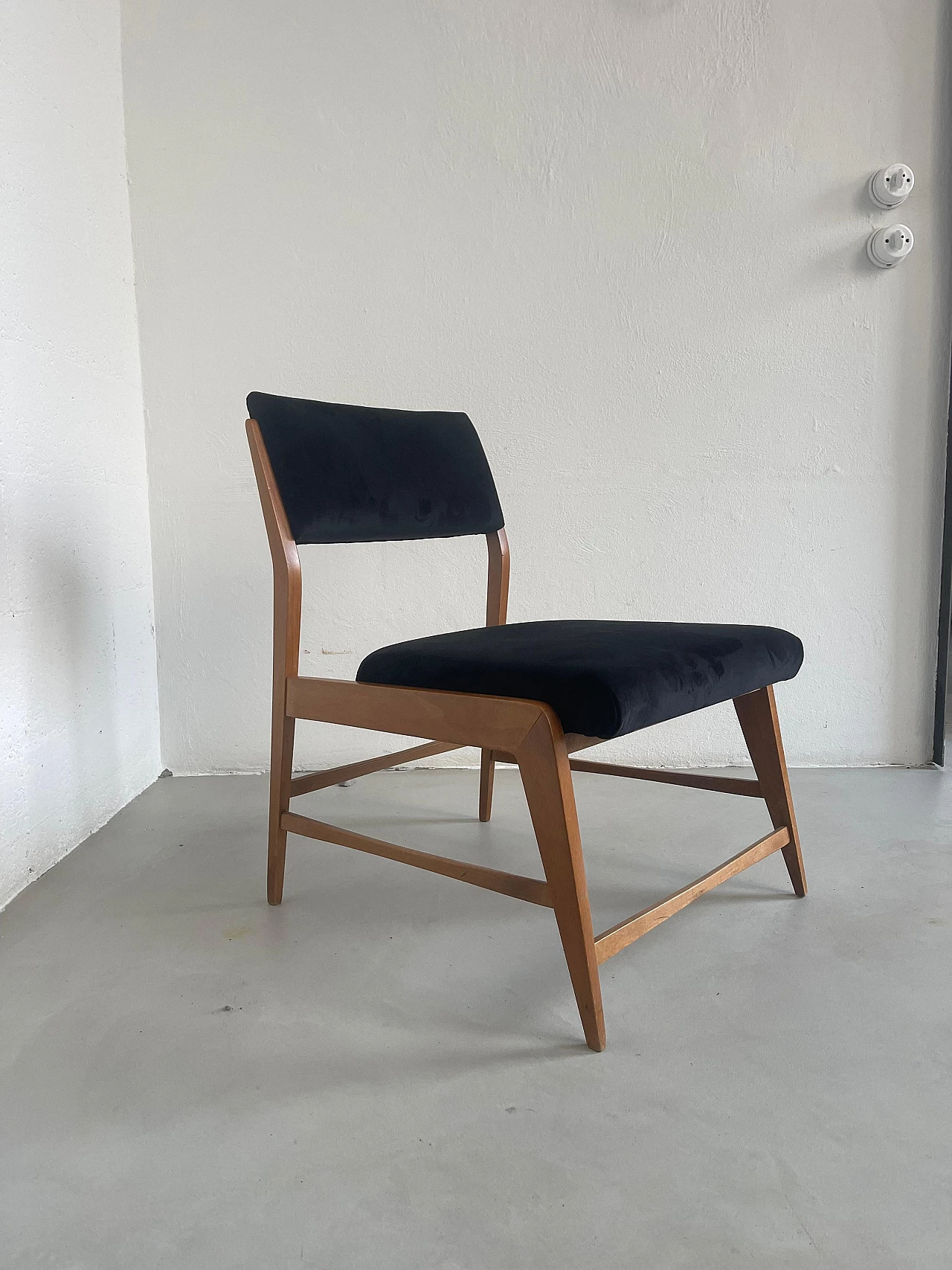 Pair of wood and black velvet armchairs, 1960s 2