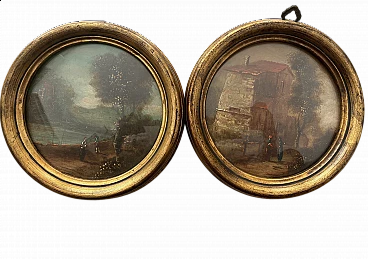 Paesaggi di campagna, coppia di dipinti a olio su tavola, fine '800