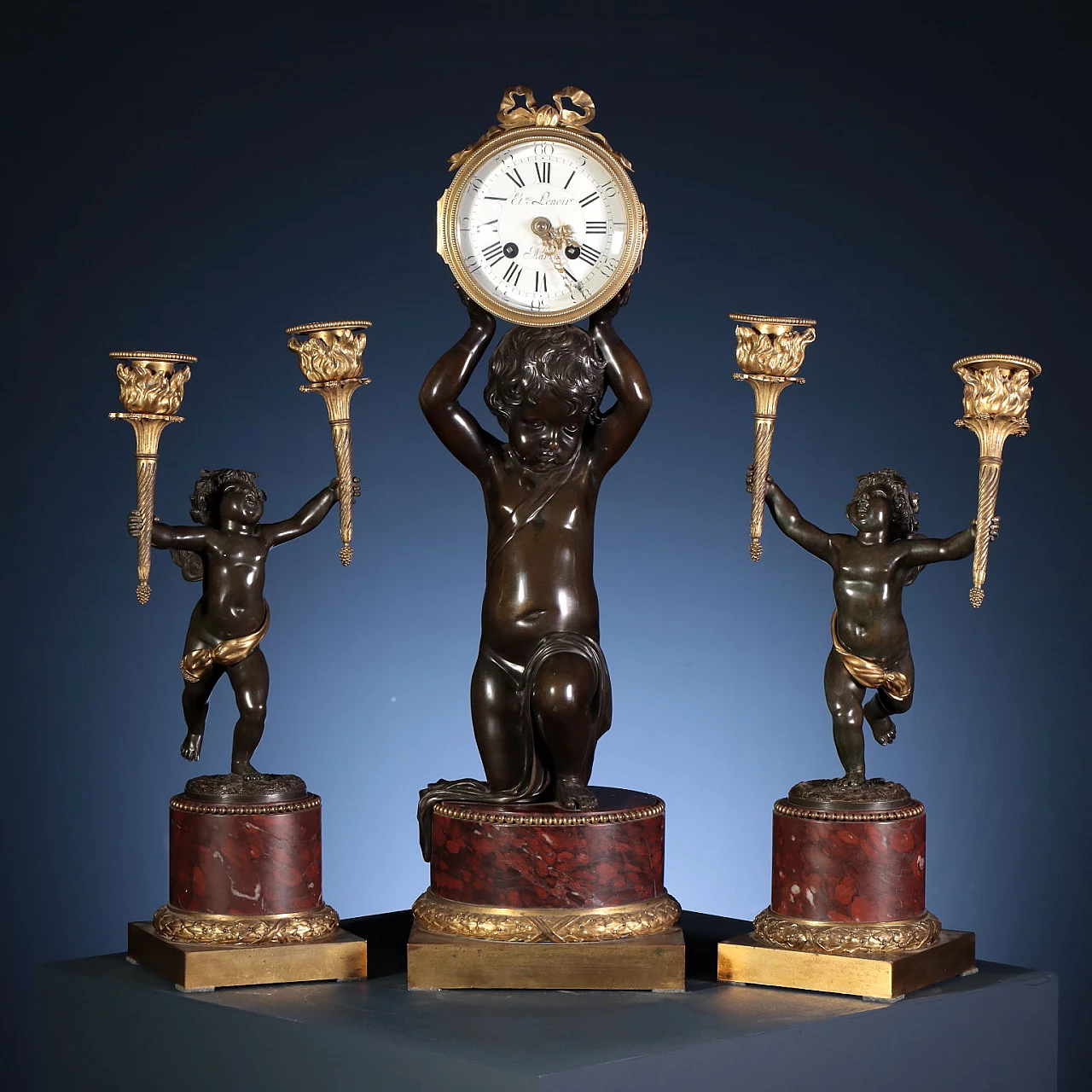 Triptych with clock and pair of candelabra attributed to Etienne Lenoir - Henry Dasson, 19th century 2