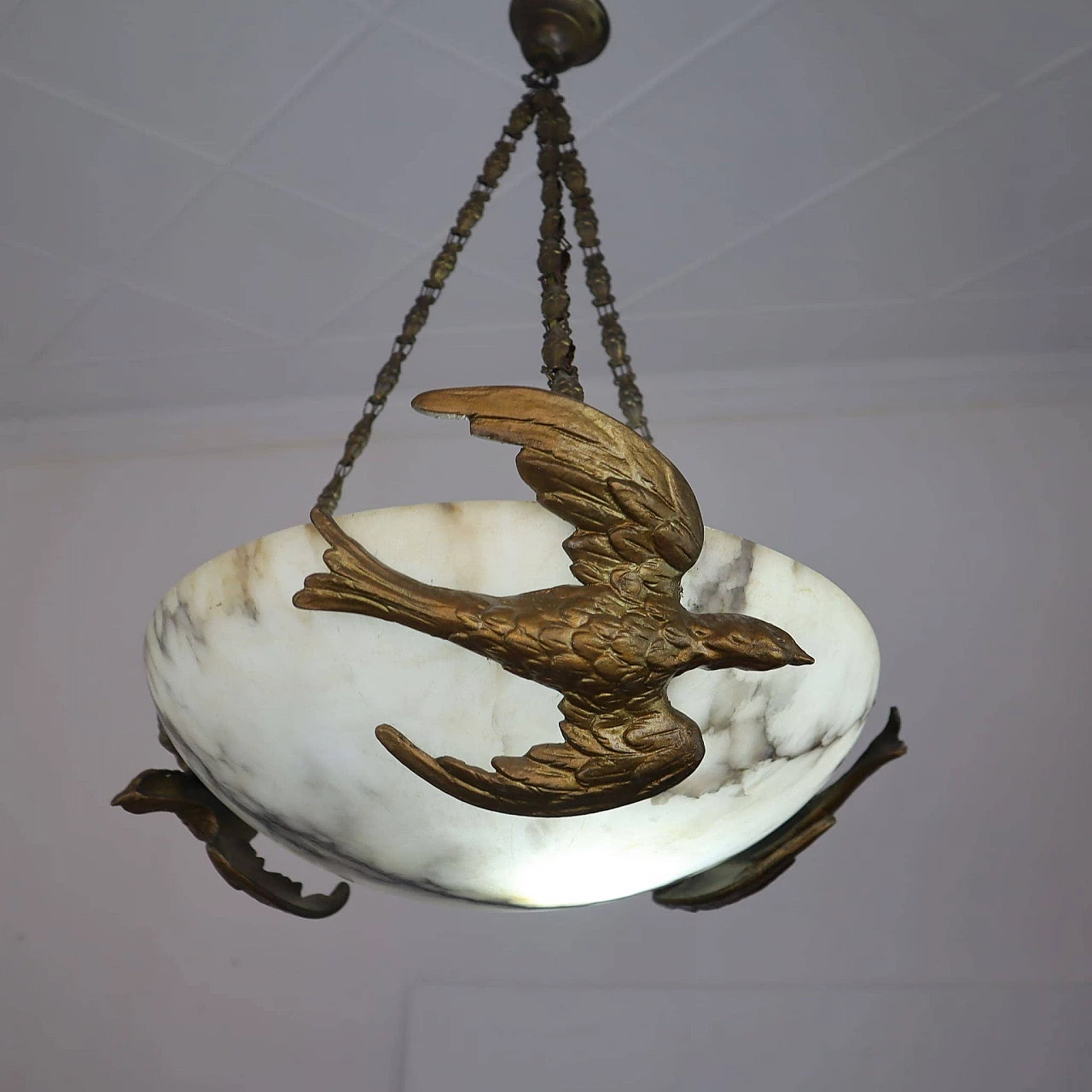 Lampadario in alabastro e bronzo e decorazioni di uccelli, '800 4