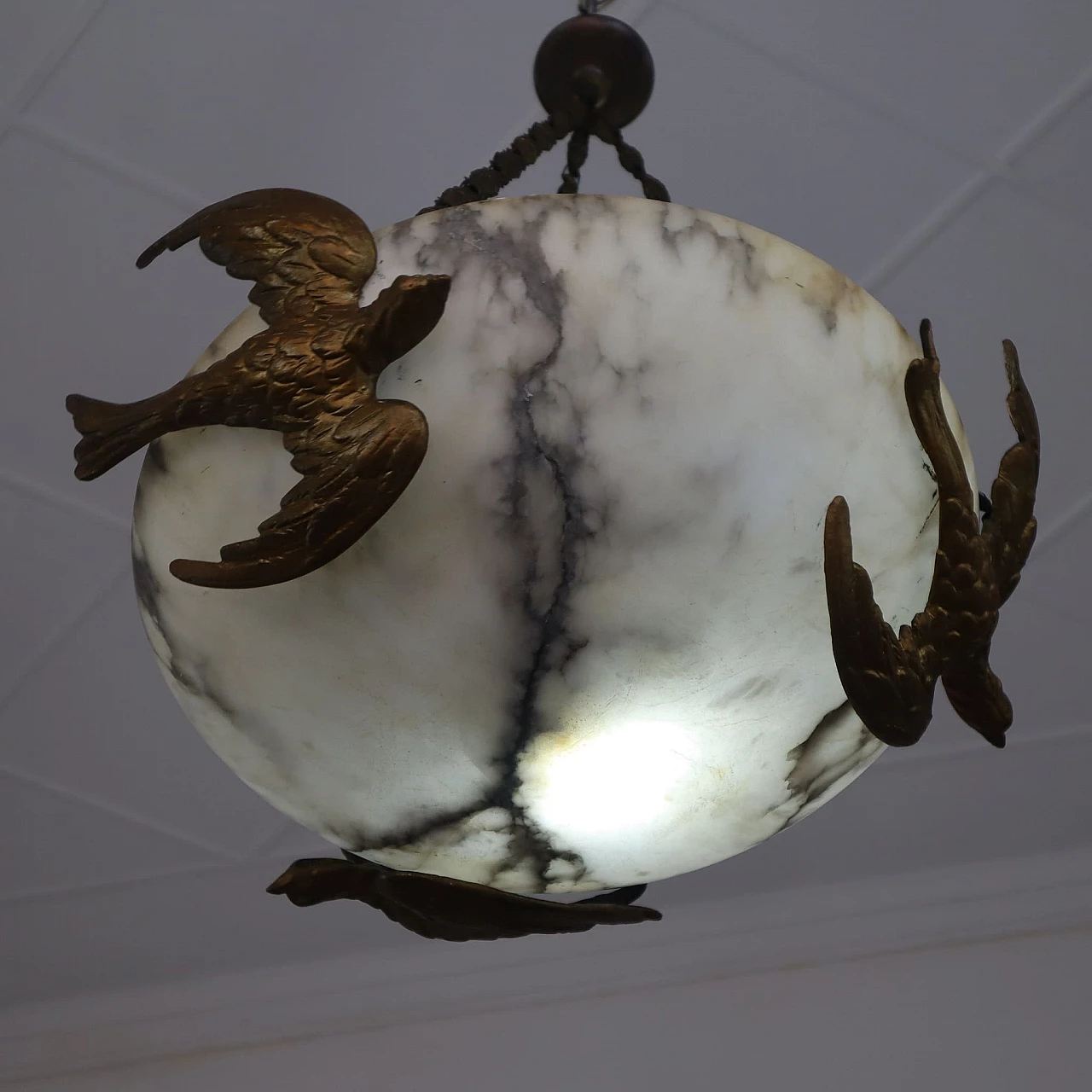 Lampadario in alabastro e bronzo e decorazioni di uccelli, '800 8