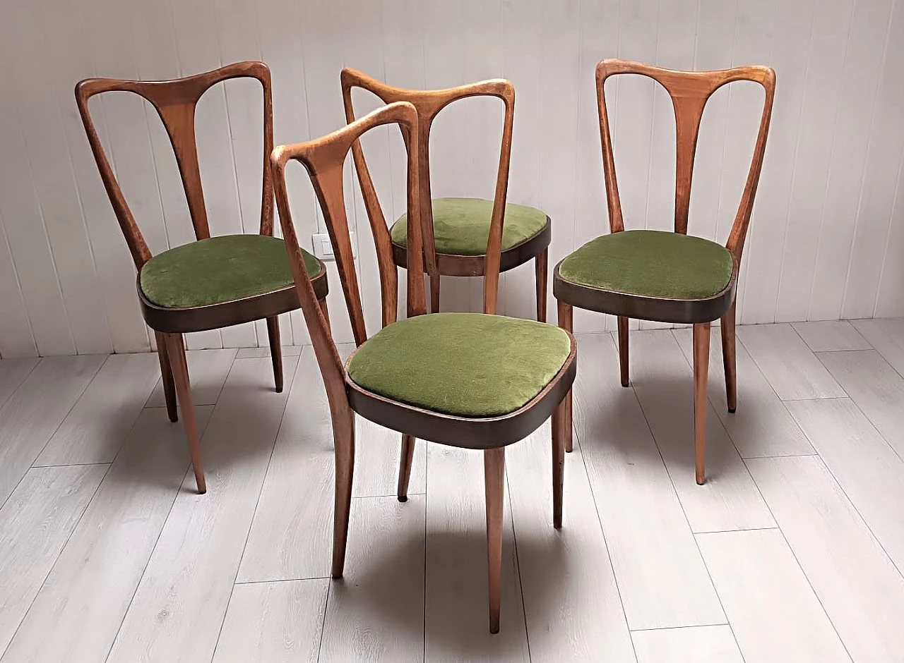4 Sedie in legno e velluto verde attribuibili a Ulrich, anni '40 2