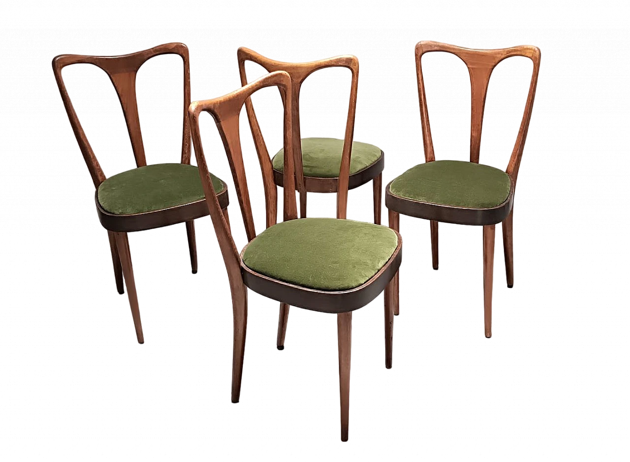 4 Sedie in legno e velluto verde attribuibili a Ulrich, anni '40 4
