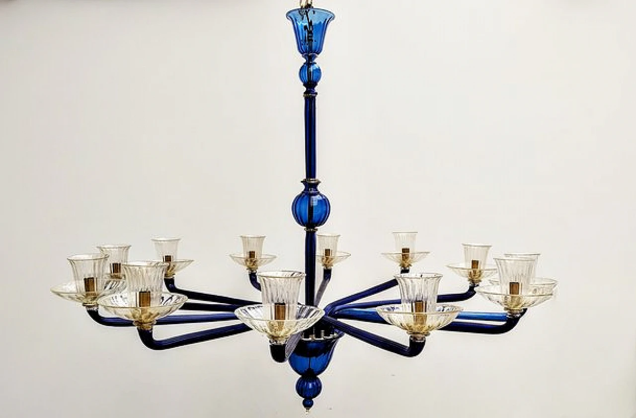 Chandelier with 12 lights in blue murano glass from Venini, 1985 1