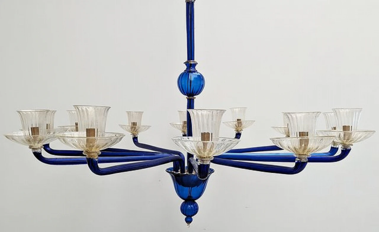Chandelier with 12 lights in blue murano glass from Venini, 1985 2