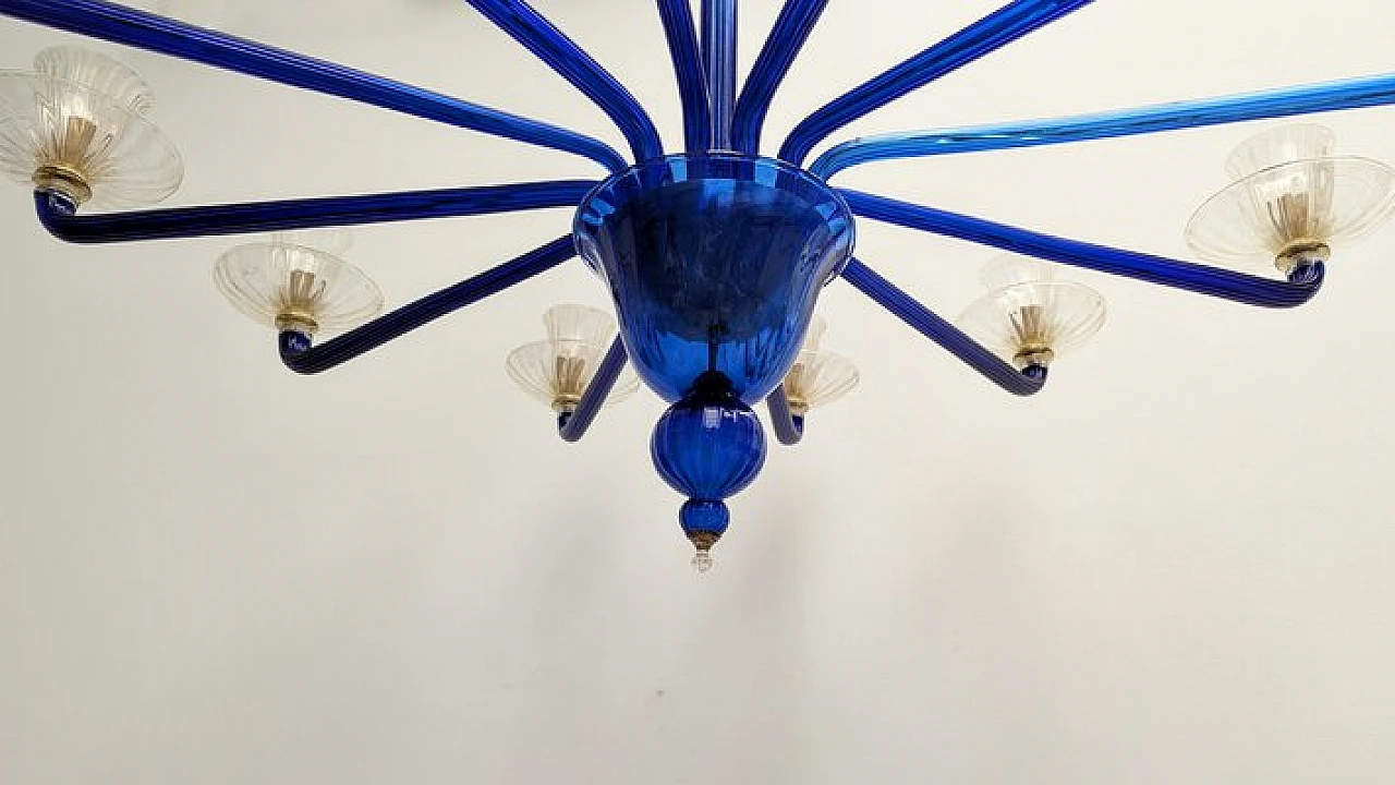 Chandelier with 12 lights in blue murano glass from Venini, 1985 5