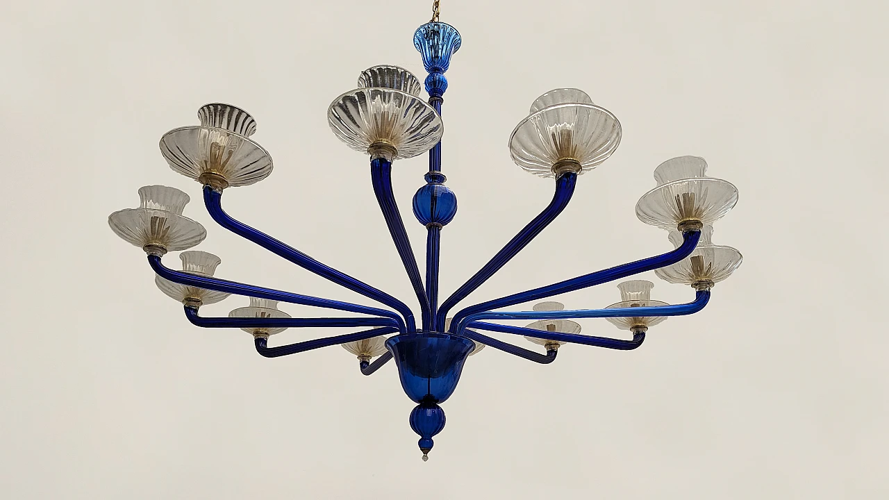 Chandelier with 12 lights in blue murano glass from Venini, 1985 10