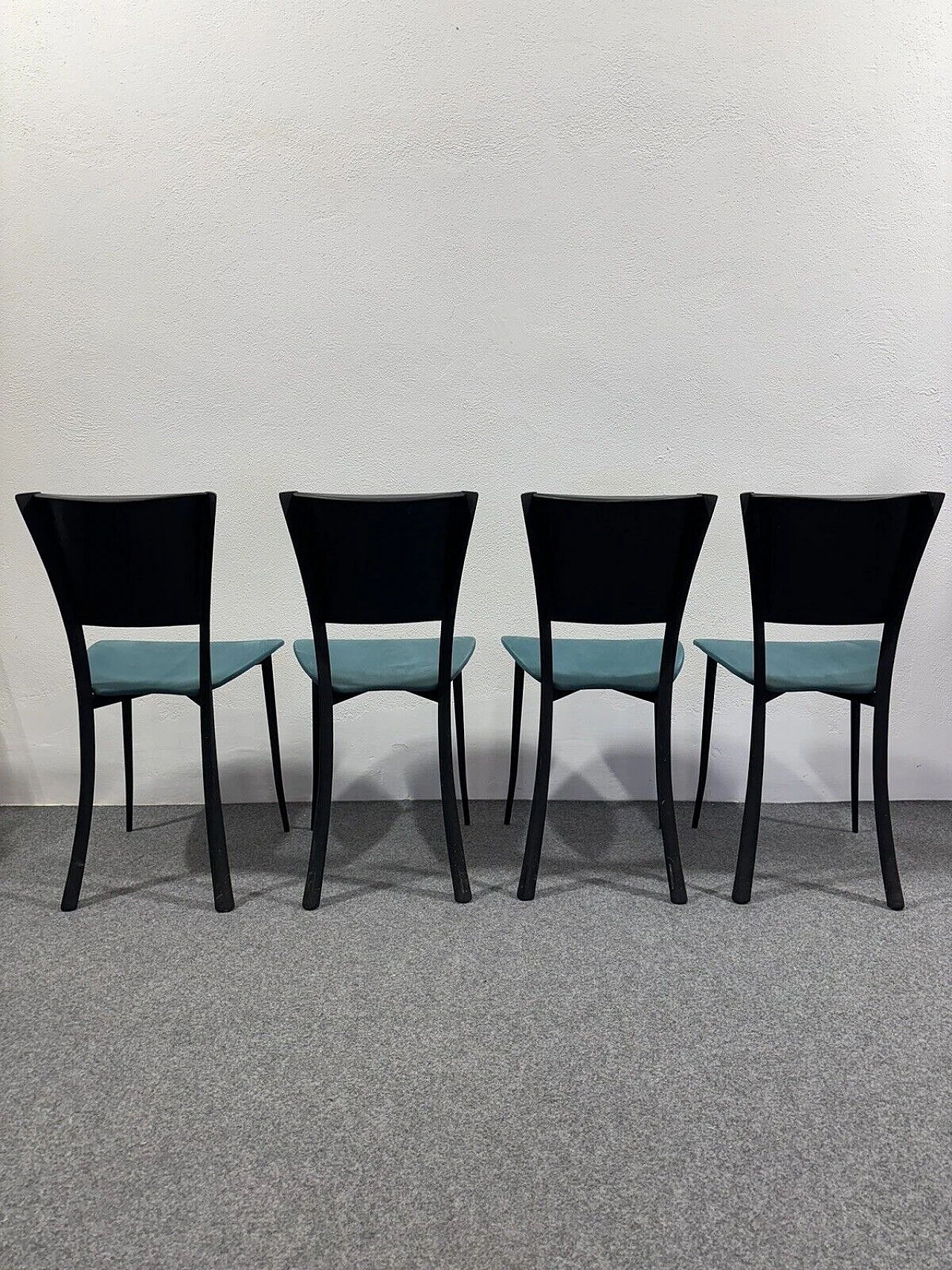 4 Chairs in black metal, black leather and aqua green fabric 1