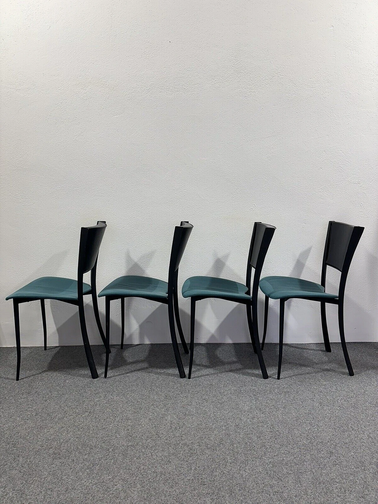 4 Chairs in black metal, black leather and aqua green fabric 2