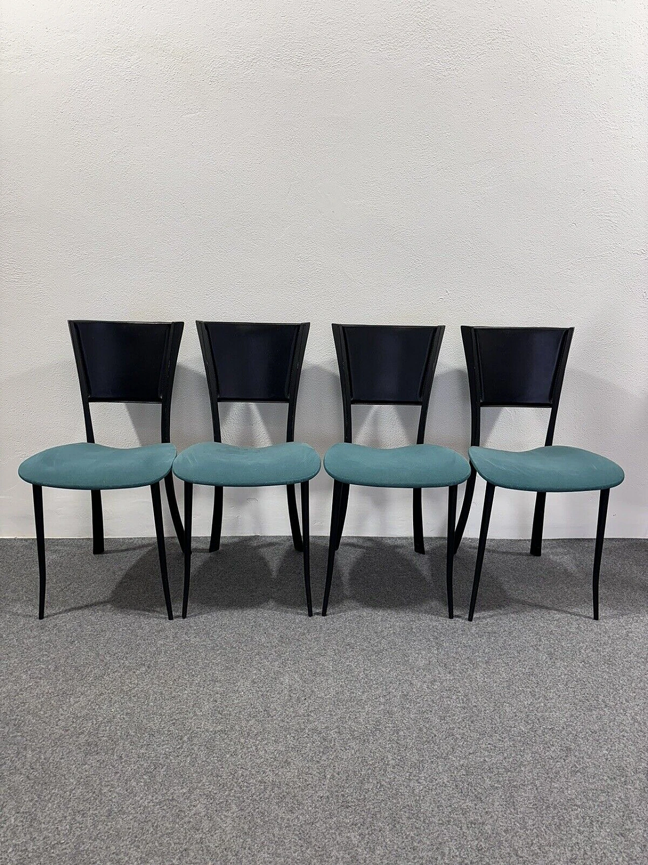 4 Chairs in black metal, black leather and aqua green fabric 3