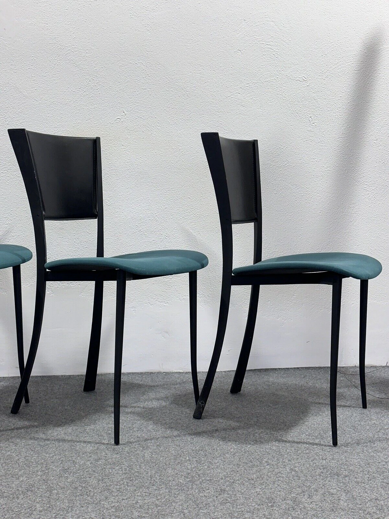 4 Chairs in black metal, black leather and aqua green fabric 4