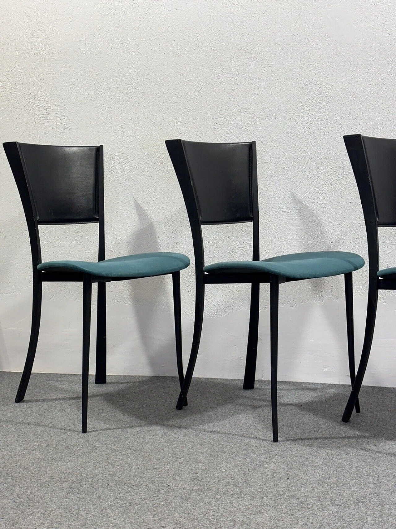 4 Chairs in black metal, black leather and aqua green fabric 5