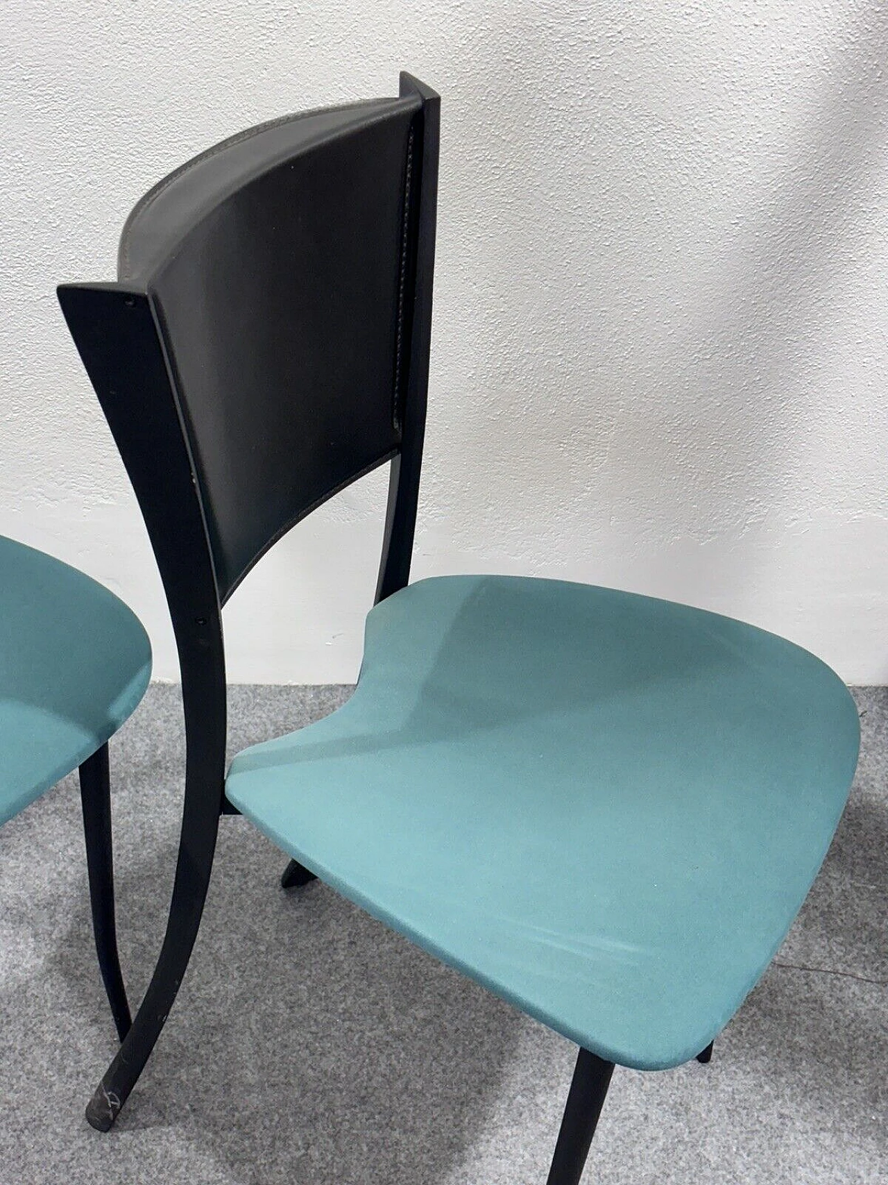 4 Chairs in black metal, black leather and aqua green fabric 6