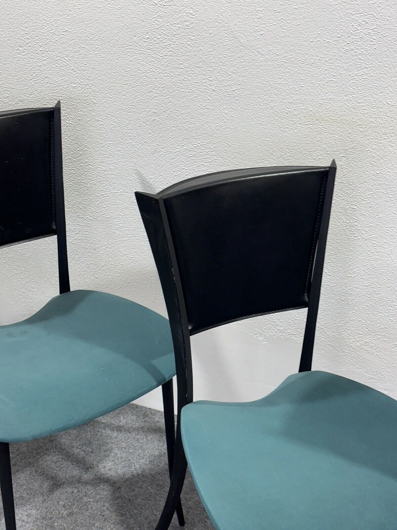 4 Chairs in black metal, black leather and aqua green fabric 7